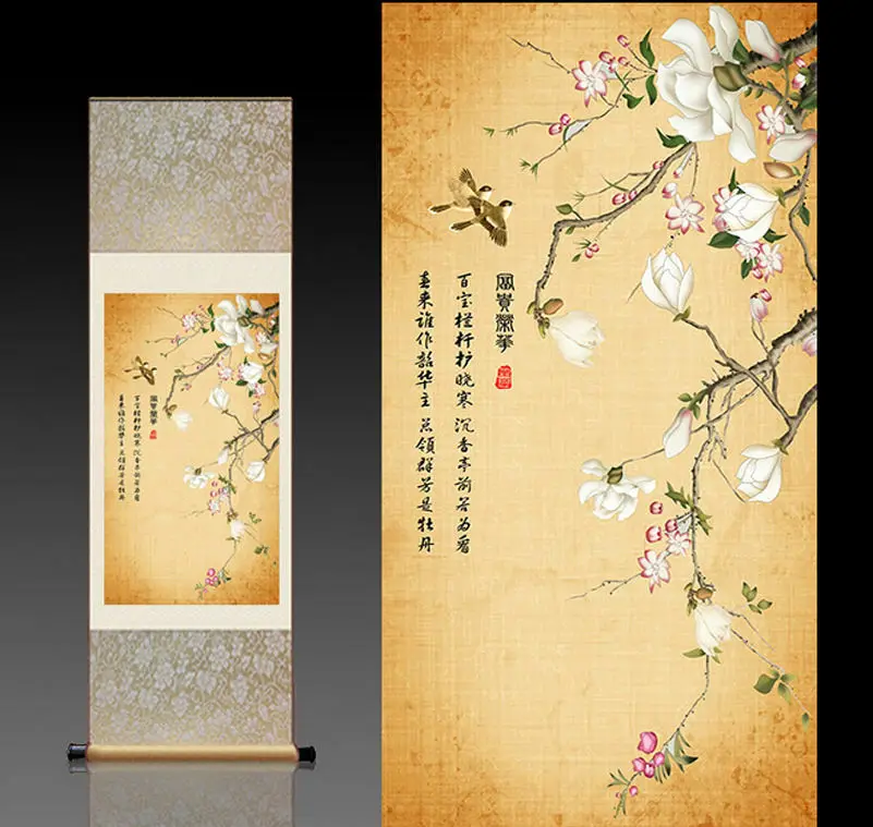 

Chinese Silk Scroll Painting Magnolia Swallow Home Office Decoration