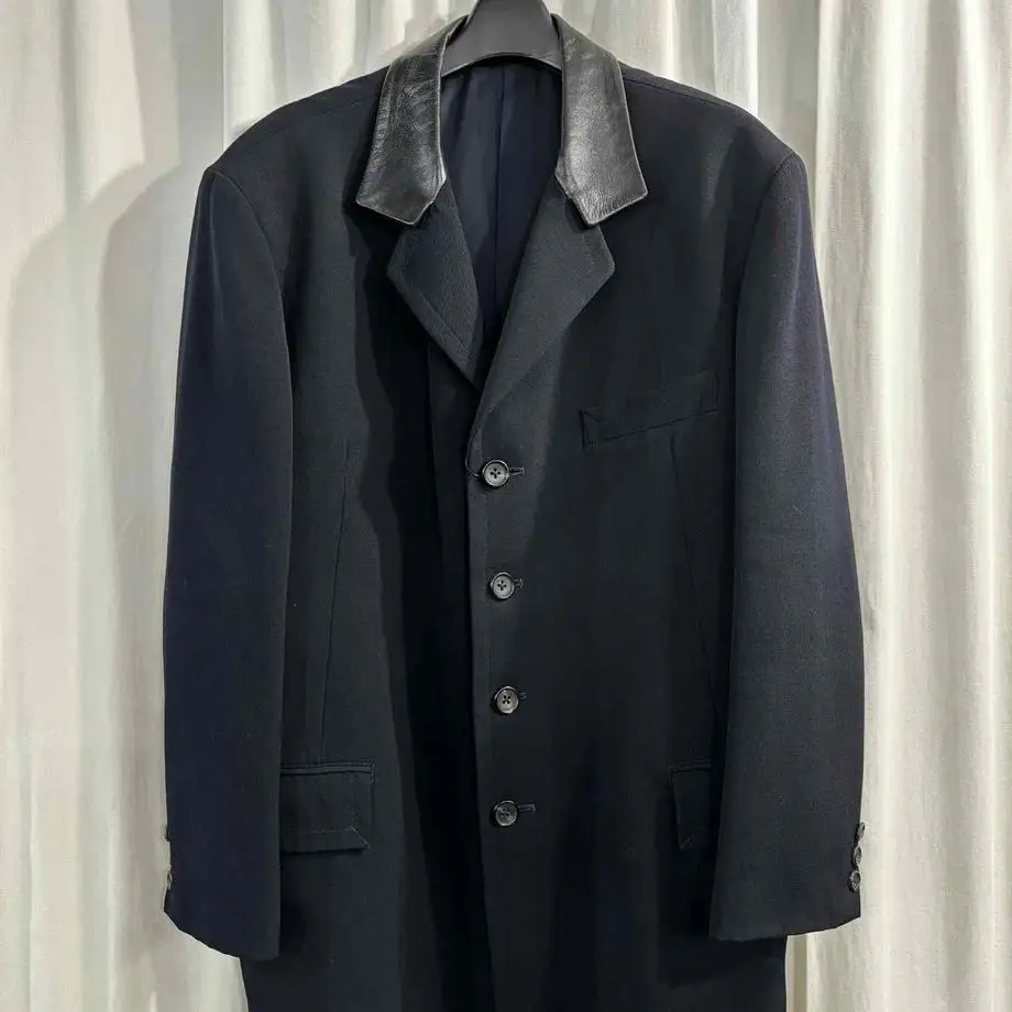 

ТОП-ЯМАМОТО ® Черная шерстяная двубортная деловая деловая повседневная куртка средней длины с официальным воротником