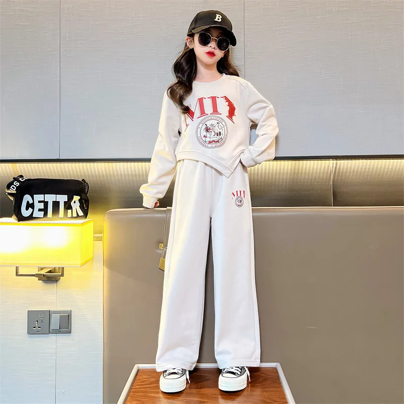 

2023 College Style Girls Autumn Suit Teen Clothes Set Irregular Long Sleeve Sweatshirt Pants Outfit Children Loungewear 5-14 Y