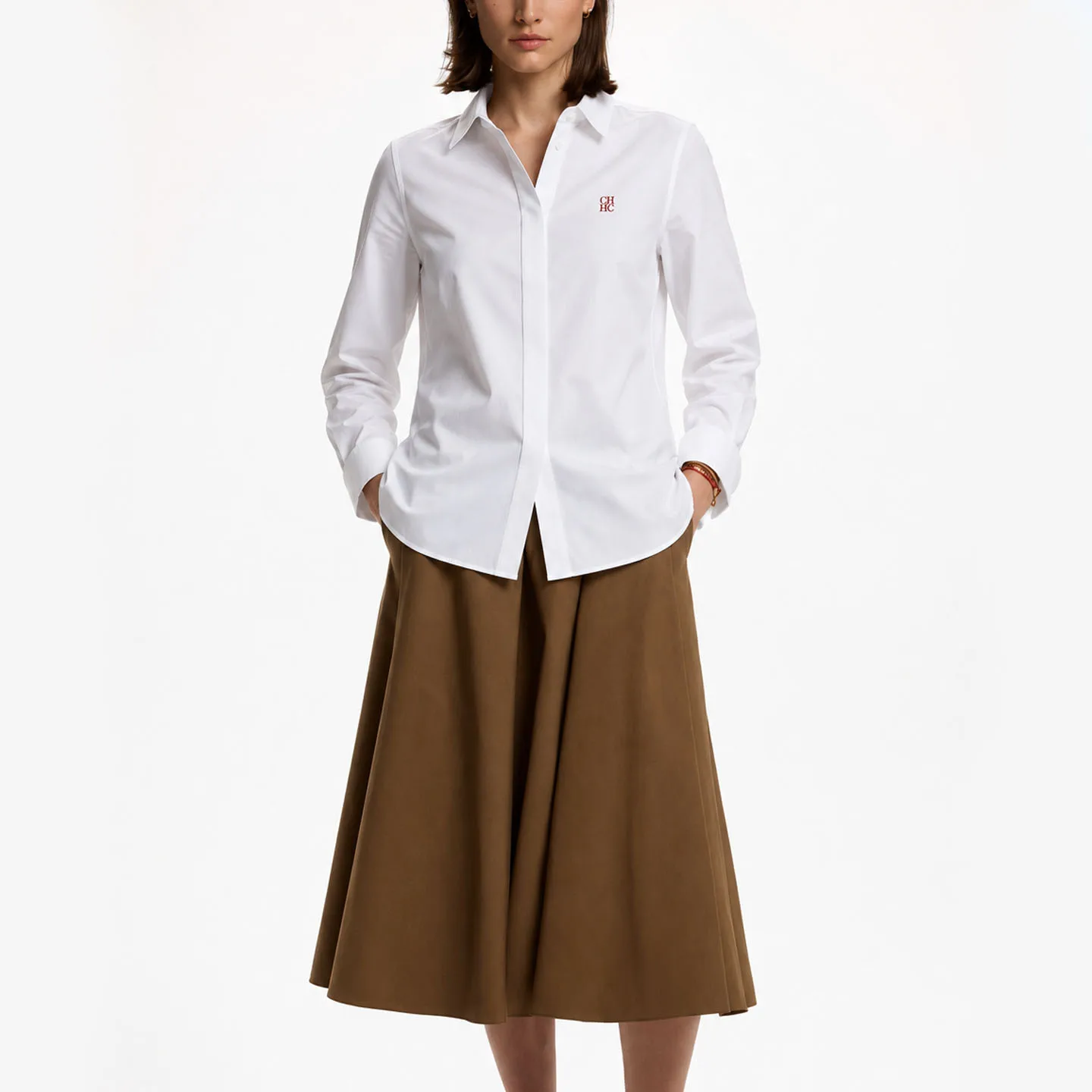 CH Damen Weißes Hemd mit Knöpfen, Langarm, Slim Fit, Bestickte Bürobluse, Elegantes Casual-Arbeitsoberteil – Detail 4