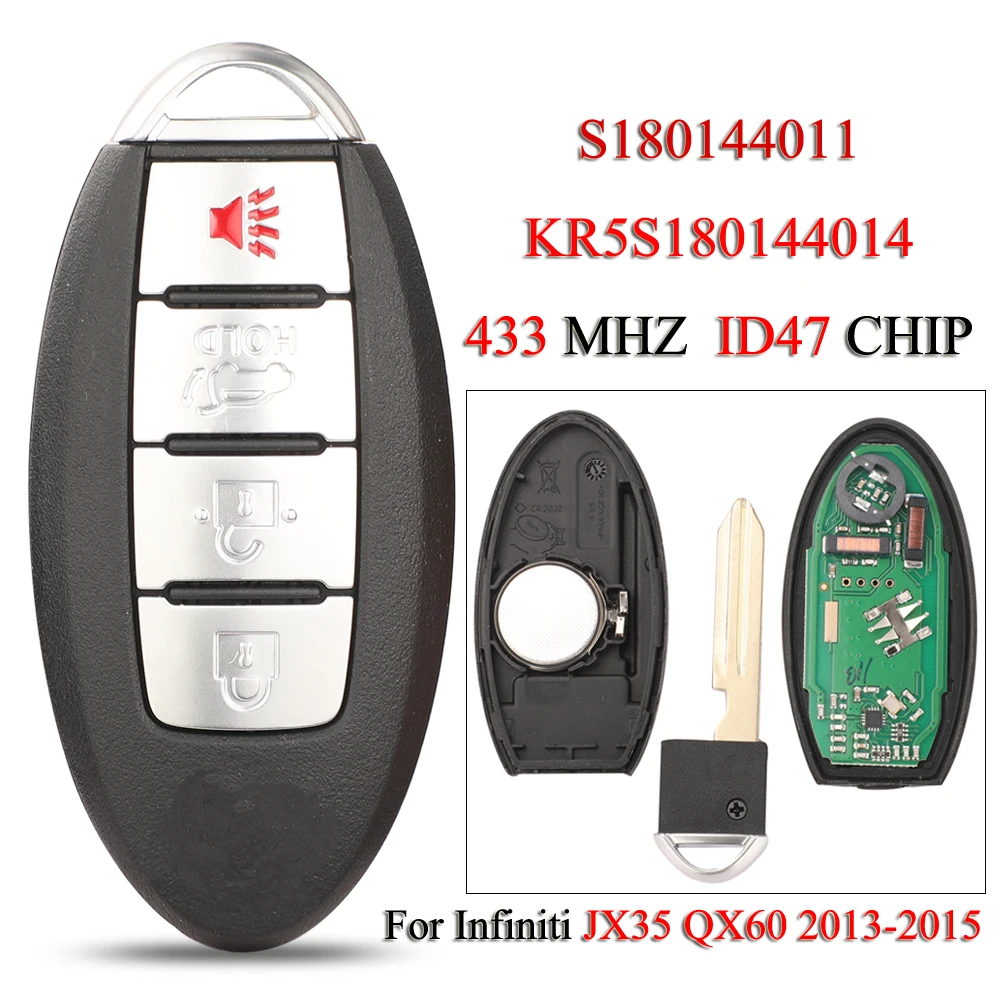 

Jingyuqin S180144011 дистанционный умный Автомобильный ключ для Infiniti JX35 2013 QX60 2014 2015 4 кнопки 433 МГц ID47 чип KR5S180144014
