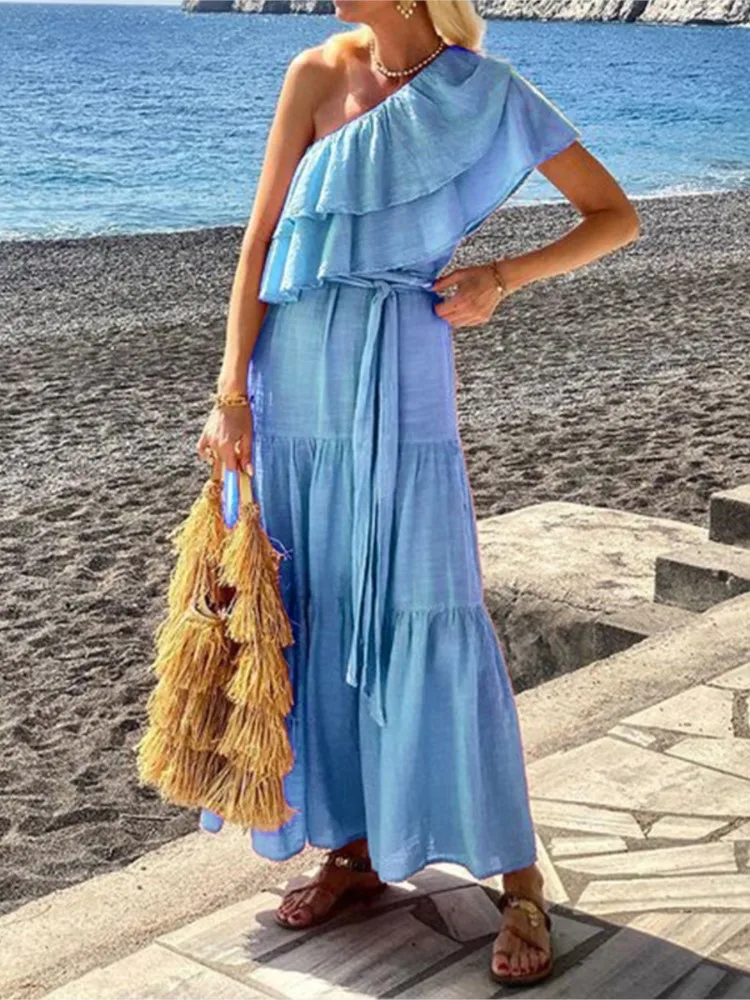 

Spring New Long Skirt Women's Fashion Solid Color Sexy Slant Shoulder Lotus Leaf Collar Strap Waist Cotton Hemp Dress