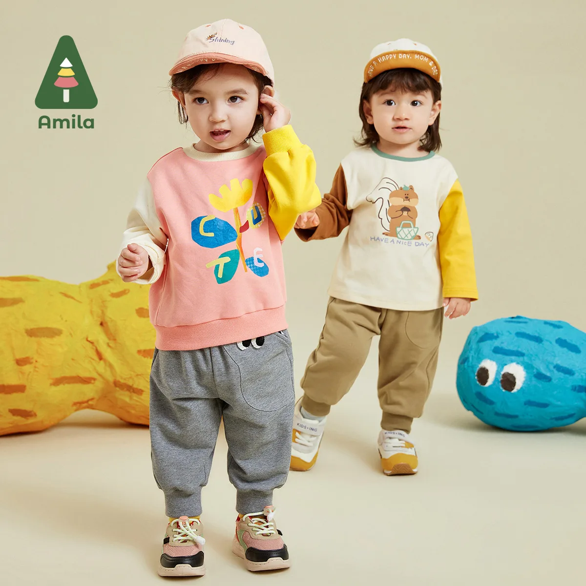 Amila Baby Boy Girl Pants 2023 Autumn New Multi Color Cotton Patch Bag Cartoon Fashion Casual Trousers Children\'s Clothes