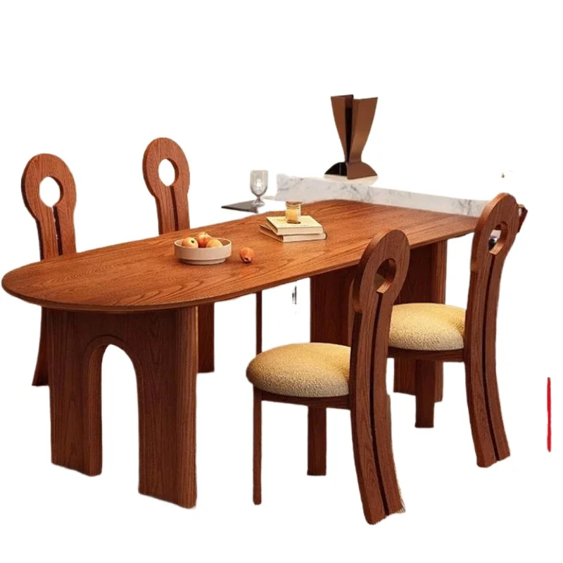 

Medieval solid wood dining table, French retro tables and chairs for home use, restaurant semicircle against the wall