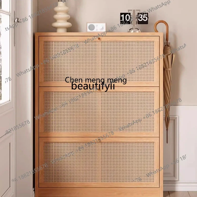 E153 Solid Wood Rattan Ultra-Thin Shoe Cabinet Home Entrance Storage Cabinet Wall-Mounted Narrow Entryway Cabinet