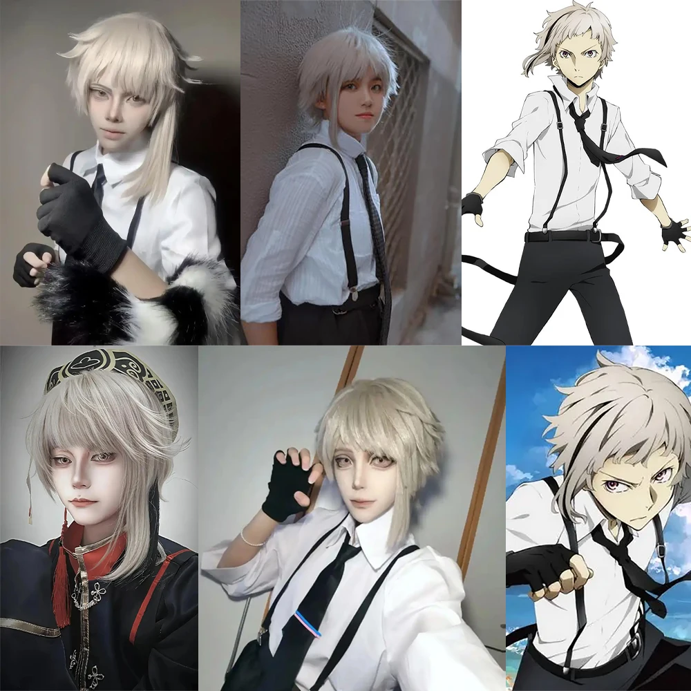 عالية الجودة أنيمي أتسوشي ناكاجيما تأثيري الشعر الاصطناعية 16 بوصة لوتس الجذر رمادي هالوين اليومية حفلة شعر مستعار مقاوم للحرارة