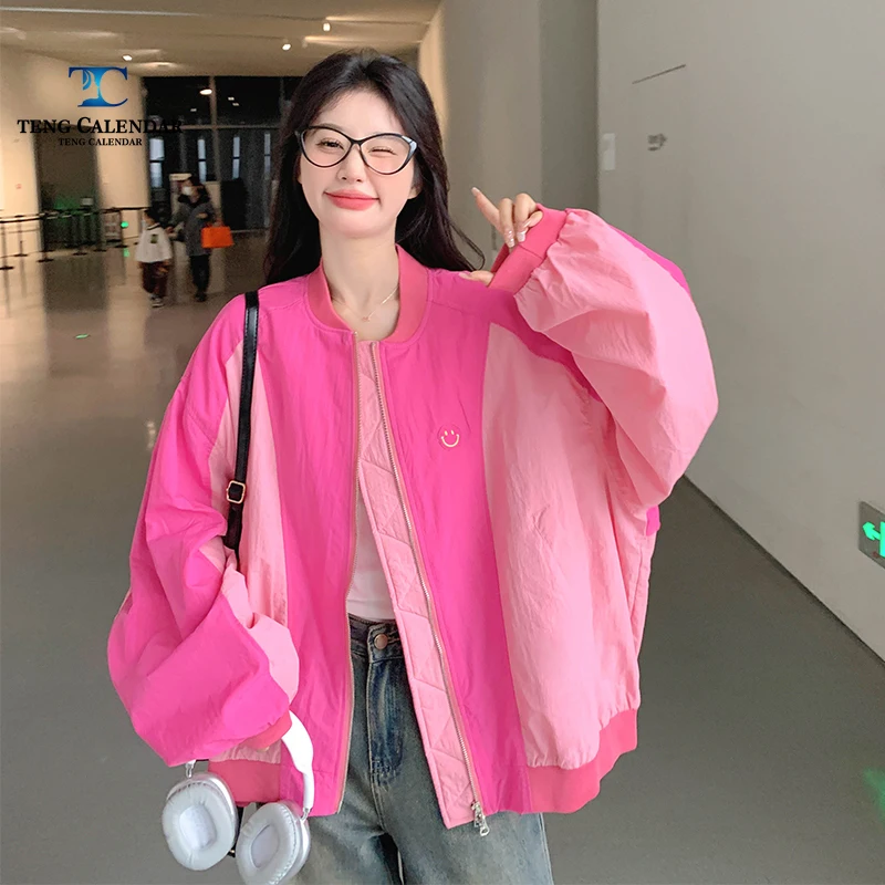 

Fashionable Pink Color Blocked Jacket, Loose and Slimming Personalized Baseball Uniform, Women's Spring and Autumn New Style