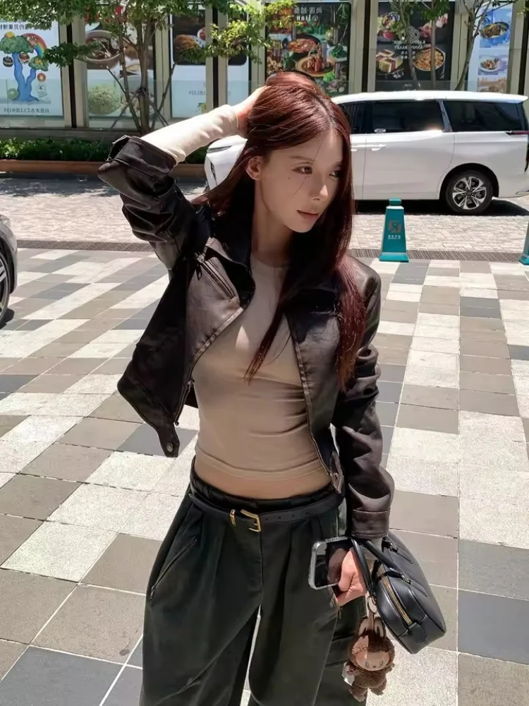 

American Short Leather Jacket Women's Cool Cruel Wind Slimming Long Sleeves Zipper Motorcycle PU Jacket Top