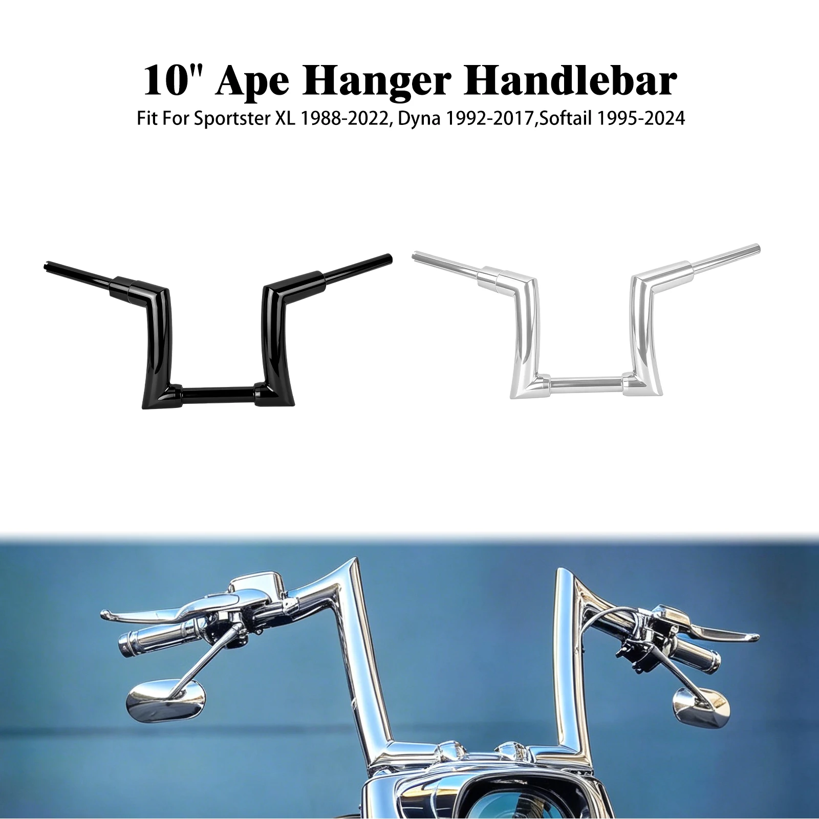 10" Ape Hanger Handlebar Motorcycle Rise Bar For Harley Sportster XL 1988-22 Dyna 1992-17 Softail Touring Street Glide FLHT FLHX