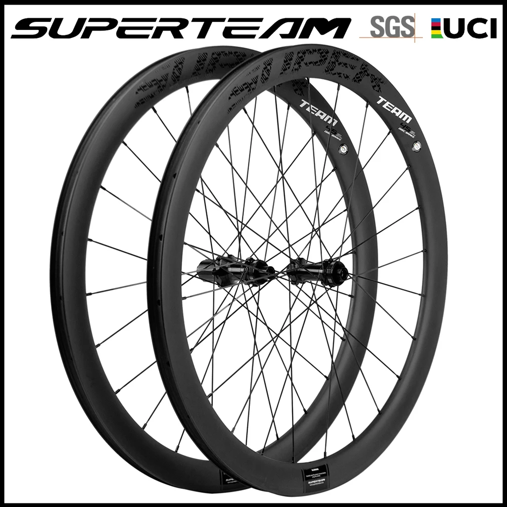 

SUPERTEAM 45mm Disc Brake Wheels 28mm Width Road Carbon Wheels Straight Pull Hub Pillar Spokes Clincher Tubeless Wheelset