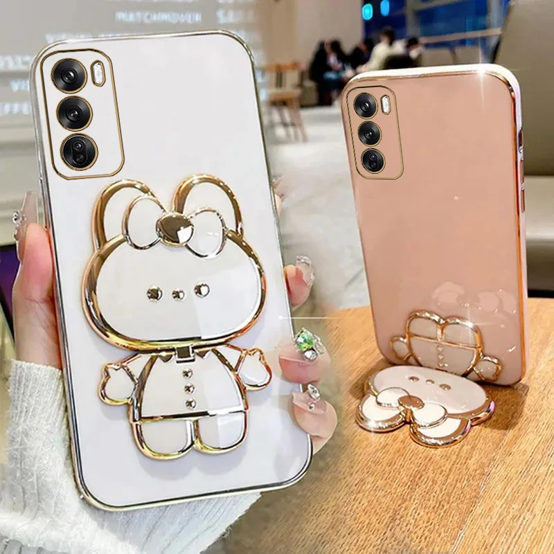 Reno12 Makeup Mirror Cute Rabbit Phone Holder Case On For Oppo Reno 12 Pro Reno12Pro 12Pro Girl Used Back Cover