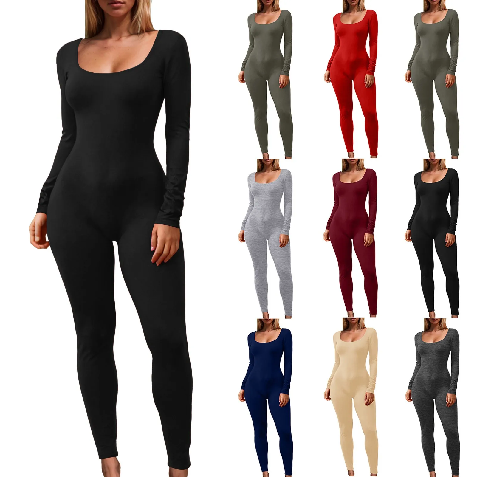 Full Body Jumpsuit For Women Long Sleeve Sport Jumpsuits Solid Color U Neck Overalls Spring Fall Playsuit Leotard Femme Clothing