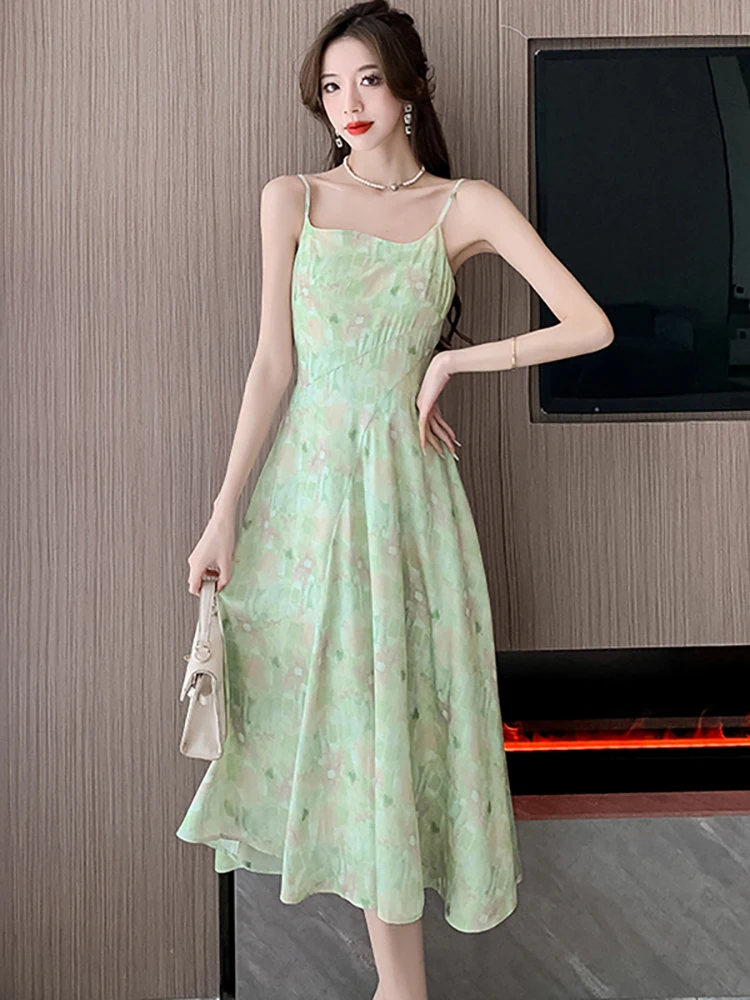 Women Green Floral Casual Beach Sundress Summer Fashion Elegant Sling Sexy Long Dress 2024 New Korean Luxury Dance Party Dress