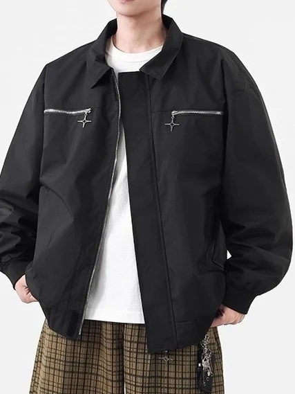 

American Sle Loose Fit Zipper up Workwear Jaet Pure Color Casual Collar Men's Faion Outerwear for Autumn Season