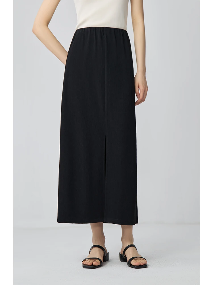 ZIQIAO Black Long Skirts Summer 52.0% Acetate Skirt Elastic Waist High Waist Front Spilt Female Long Straight Skirt 24ZQ92340