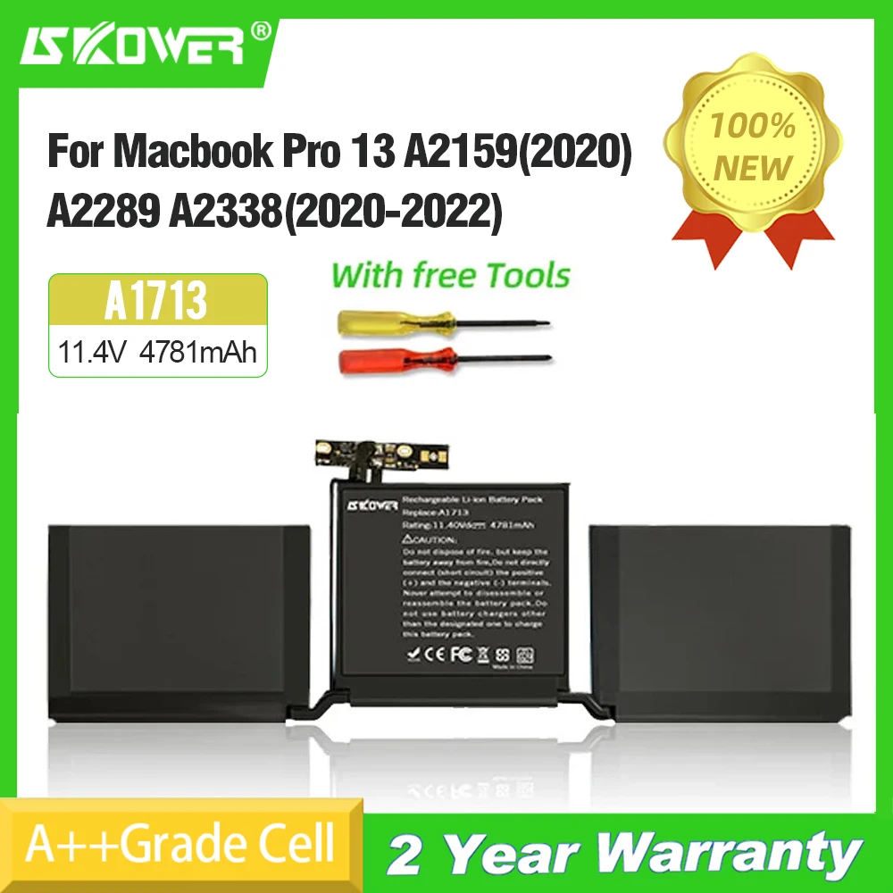 

SKOWER A1713 Laptop Battery For Apple MacBook 13" A1708 (Later 2016-Mid 2017) A2159 (2019) A2289 (2020) and A2338 (2020 2022)