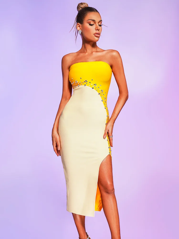 

2023 Yellow Patchwork Bandage Dress Women Summer Sexy Strapless Crystal Open Leg Midi Length Celebrity Evening Club Party Gowns