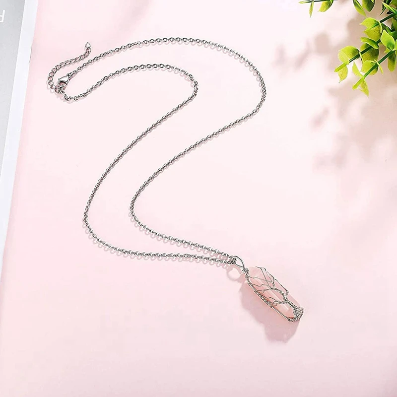 3Pcs Tree Wire Wrapped Crystal Point Pendant Necklace Reiki Healing Crystal Stone Necklaces Natural Hexagonal