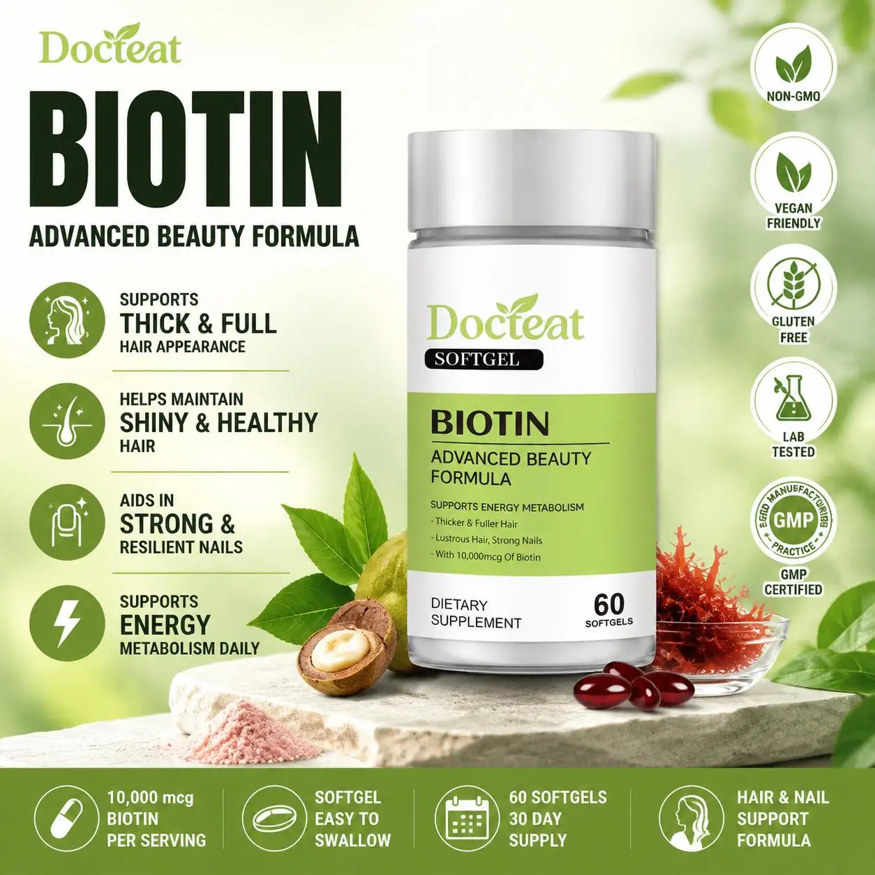 Docteat Docteat Biotin 10000mcg Softgels Hair Skin Nails Astaxanthin Hair Growth Blend Energy Support Non-GMO Gluten Free 60 Count - Aliexpress Deal