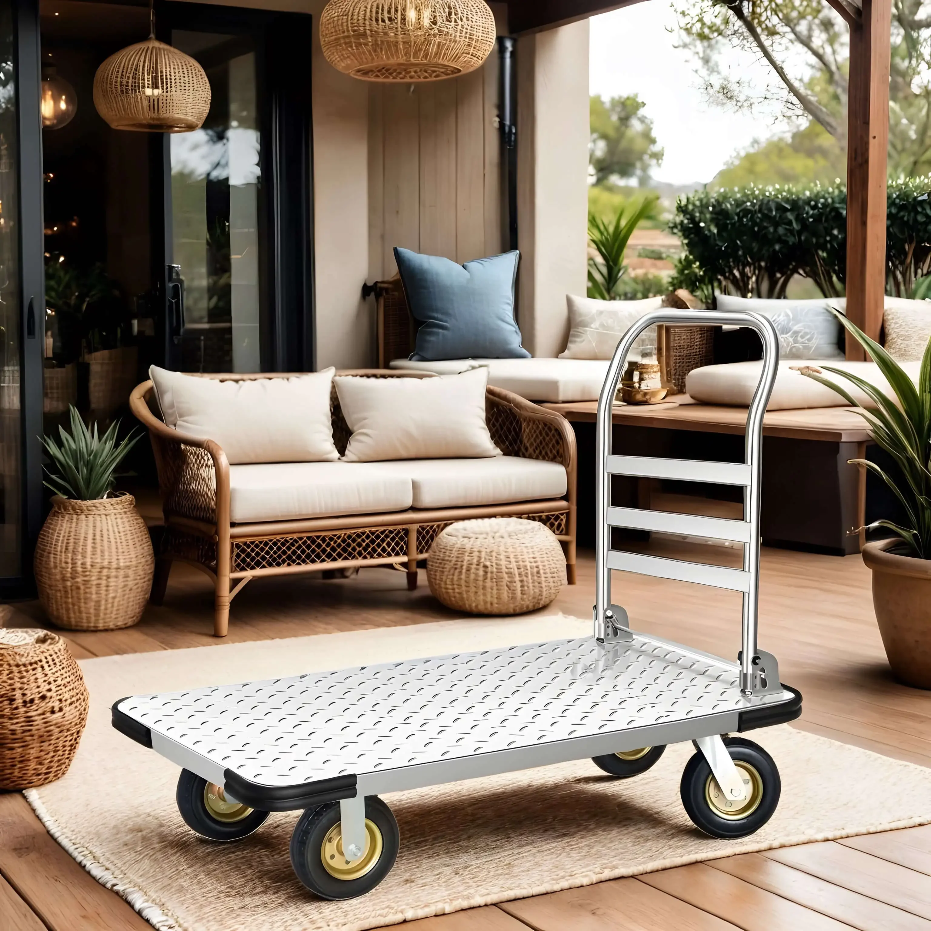 

90x60cm Hand Carts Trolleys Teel Plate Trolley, Cargo Hand Push Cart, Household Flatbed, Portable Trailer, Folding Pull Cart