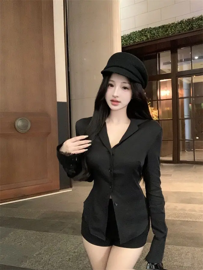 Backless Lace Youthful Fashion Black Long Sleeve Shirt Women V Neck Patchwork Elegant Basic Blouse Lady Office Casual White Top