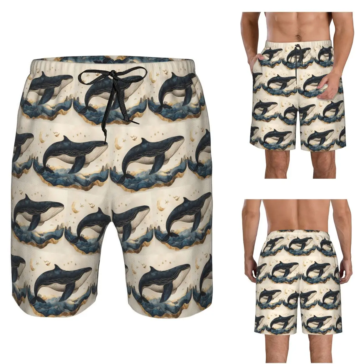 Golden Blue Aesthetic Whale Trunks Beach Board Shorts Casual Quick Dry Swim Summer Men Pants