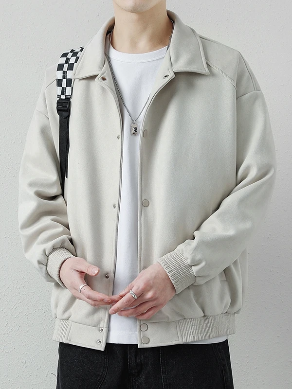 

Sli Men's Spring Autumn Suede Jaet Spor Casual Long Sve Flip Collar Stand Fit Trendy Outerwear Upper Apparel