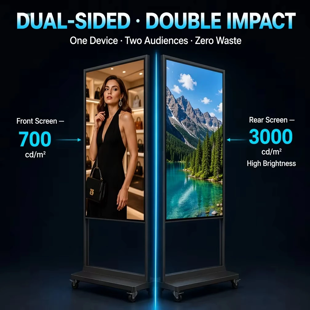 Dual Sided Independent Display 3000 Nits High Bright 700 Nits Standard 43 55 65 Inch Showcase Window Signage Animation OEM ODM