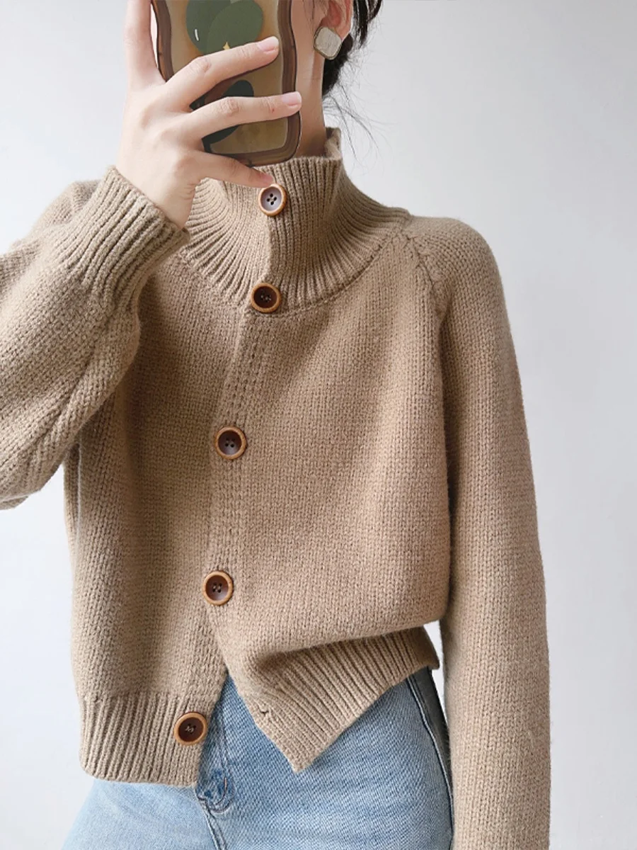 

XALI Autumn Chestnut High Collar Button Cardigan Sweater Women's Thiened Knitted Base Layer Long Sve Color