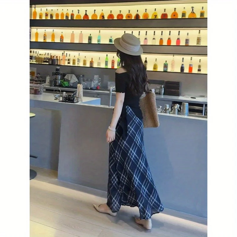Retro Artistic Blues Lightweight Yarn Texture Plaid Half Skirt for Women Fishtail Skirt for Summer Slimming Plaid Temperament