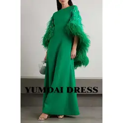 YUMDAI Luxury Dubai Feathered Smock Ball Dress Ladies Special Event Formal Dinner Dress Rhinestone Beaded Green Evening Gown New