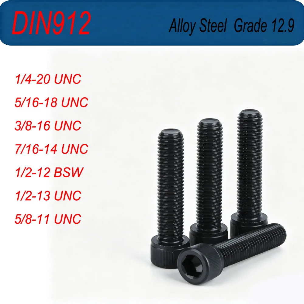 DIN912 1/4'' to 5/8'' UNC Thread Grade 12.9 Alloy Steel Black Hex Socket Knurled Cap Head Bolts Allen Key Screws
