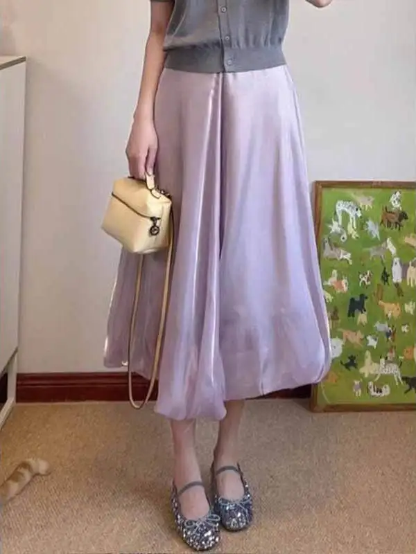 Pure Desire Light Purple Glowing A-Line Midi Skirt Women's Summer 2025 New Fairy Sle Flower Bud Long Skirt High Waist
