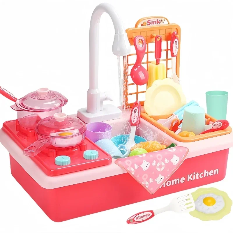 Kids Electric Dishwasher Toy Pretend Play Kitchen Set with Circulating Water Simulation Mini Sink Role Play Toys for Gifts