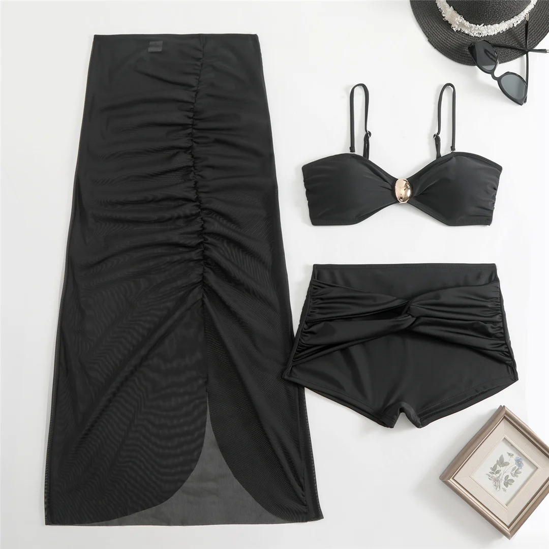 Mit Rock, Metallring, hoher Taille, Bikini, Damen-Badeanzug, dreiteiliges Bikini-Set, Damen-Badebekleidung, Badeanzug, Schwimmanzug V6917 – Detail 12