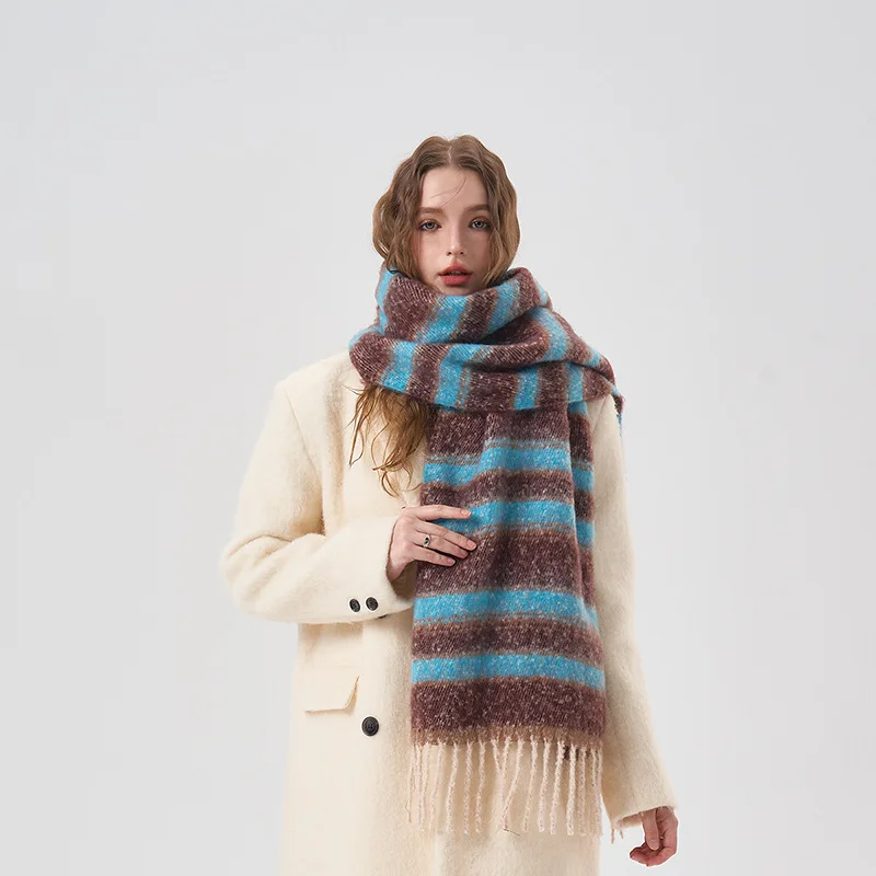 Winter Thickened Scarf Striped Colorful Rainbow Kawaii Mohair Cashmere Scarf with Tassel Winter Warm Soft Lovers Accessories