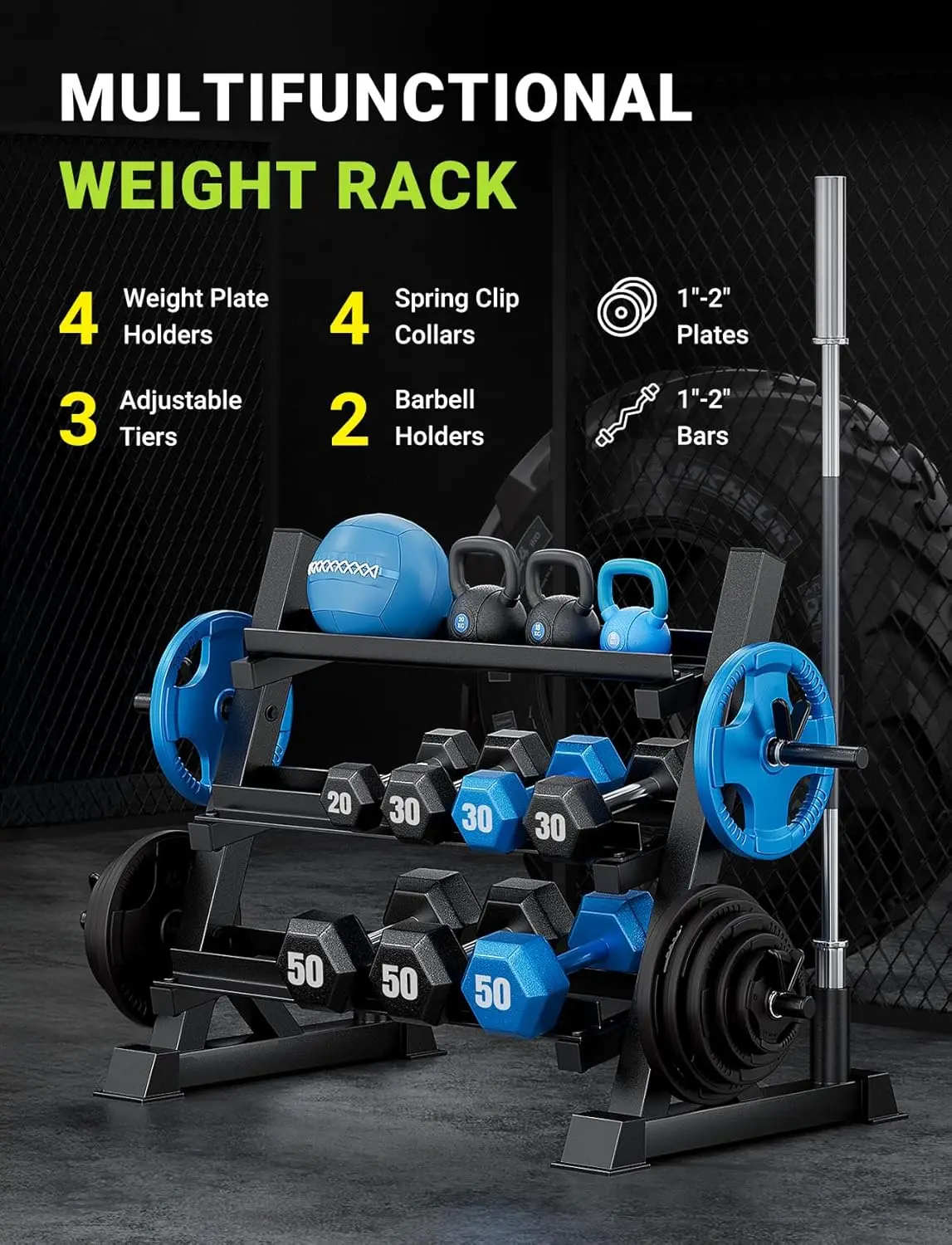 Home Gym Use, Solid Material, Brown Color, 1100LBS Capacity, 3-Tier Adjustable and Multifunctional Dumbbell Rack - view 2