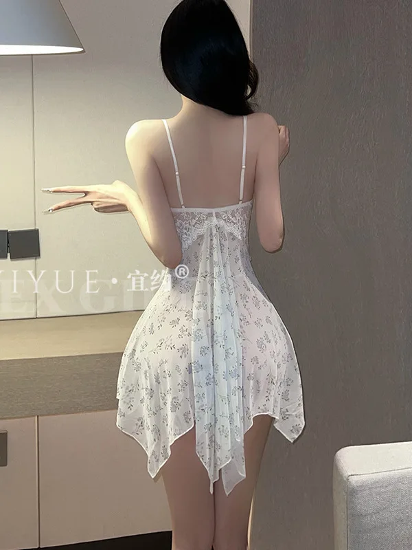 2025 ใหม่เซ็กซี่ต่ําคอBacklessลูกไม้ดอกไม้พิมพ์ตาข่ายSheerชุดสลิงผู้หญิงCinchingเอวSlim A-Lineชุดสั้นGMGJ