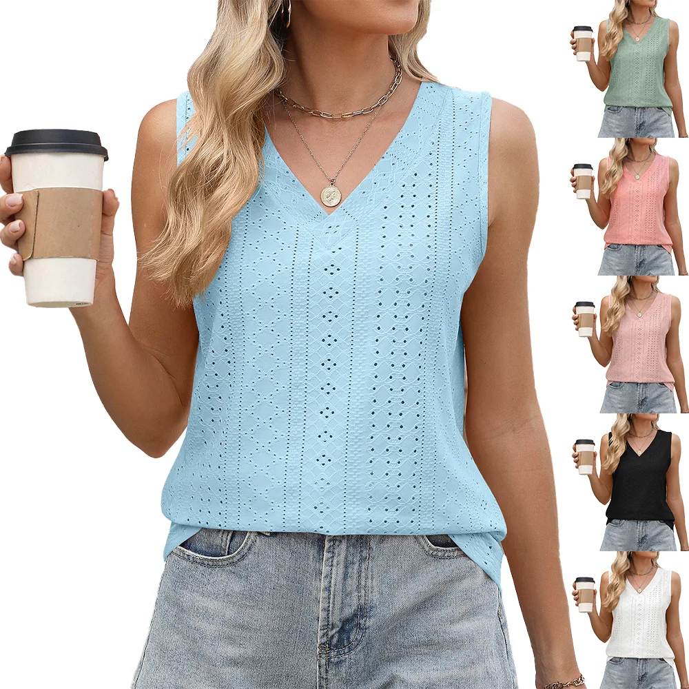 

Fashion V Neck Hollow Out Tanks Blouse Women Shirt Summer Casual Solid Color Sleeveless Vest Blouses For Women 2025 Elegant Tops