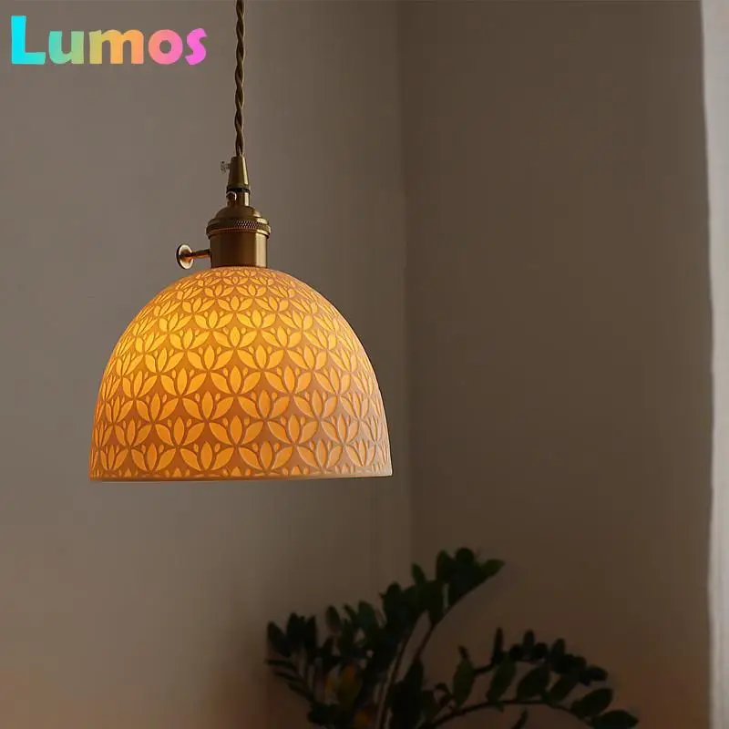 

French Modern Simple Cream Style Japanese Retro Brass Bedroom Bedside Lamp Dining Room Transparent Ceramic Chandelier