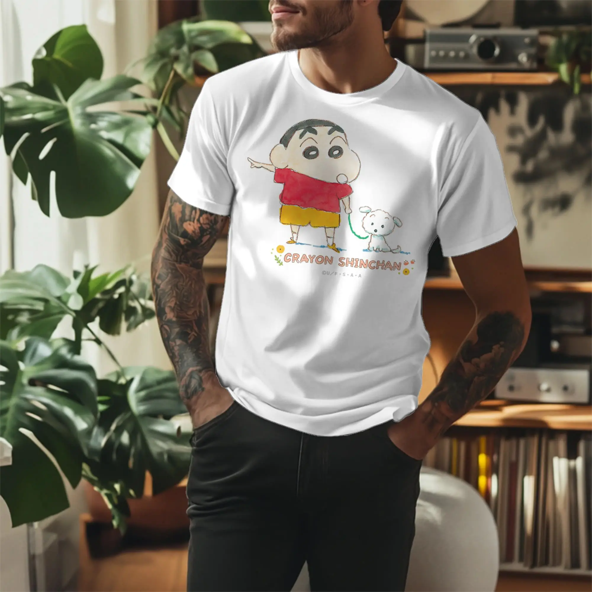 Novelty Crayon Shin chan Shin chan and Shiro Over there T-Shirt Men's 100%Cotton Short Sleeve  Round Neck Summer Clothes