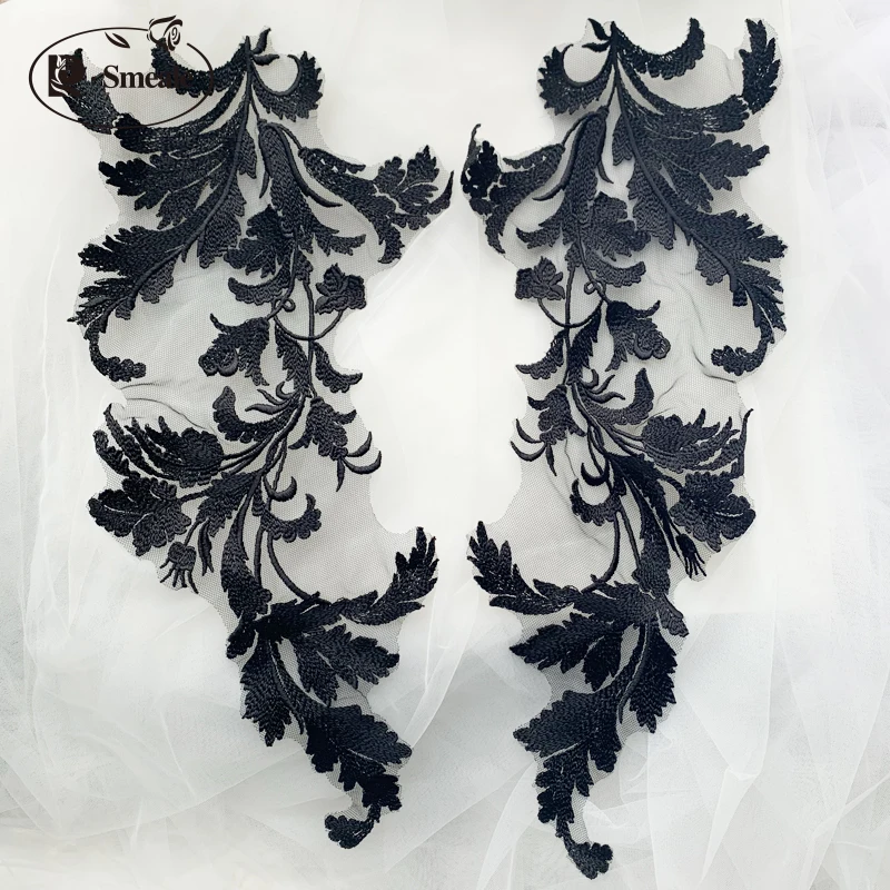 Lace Applique Patch for Wedding, Black and Red, Ivory Rayon, Cotton Thread, Mirror Flowers, RS2736