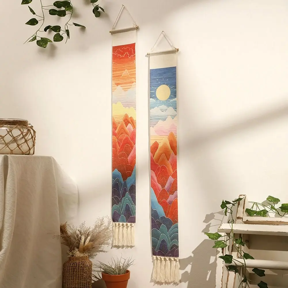 Handmade Macrame Tapestry Chinese Style Wall Hanging Sunset Wall Tapestries with Tassels Easy To Install Wall Hanging Ornament