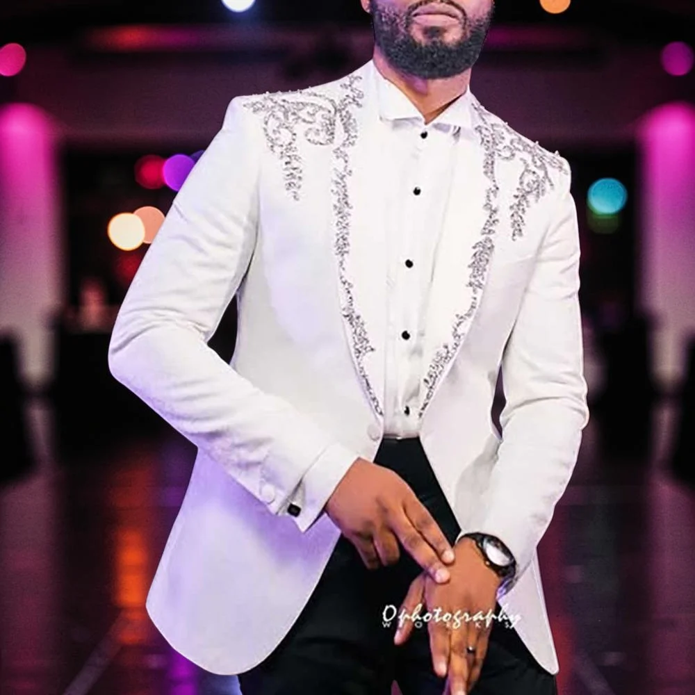 

Beaded Formal Men Suits for Wedding Party 2 Pieces Slim Fit Italian Fashion Style Male Suit Set Jacket with Pants Custom made