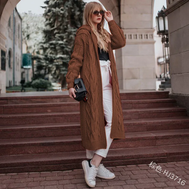 S-5XL Women Fashion Overcoat Autumn Twists Knitted Cardigan Sweater With Hat Long Sleeves Female Loose Knitwear Outstreet Wear