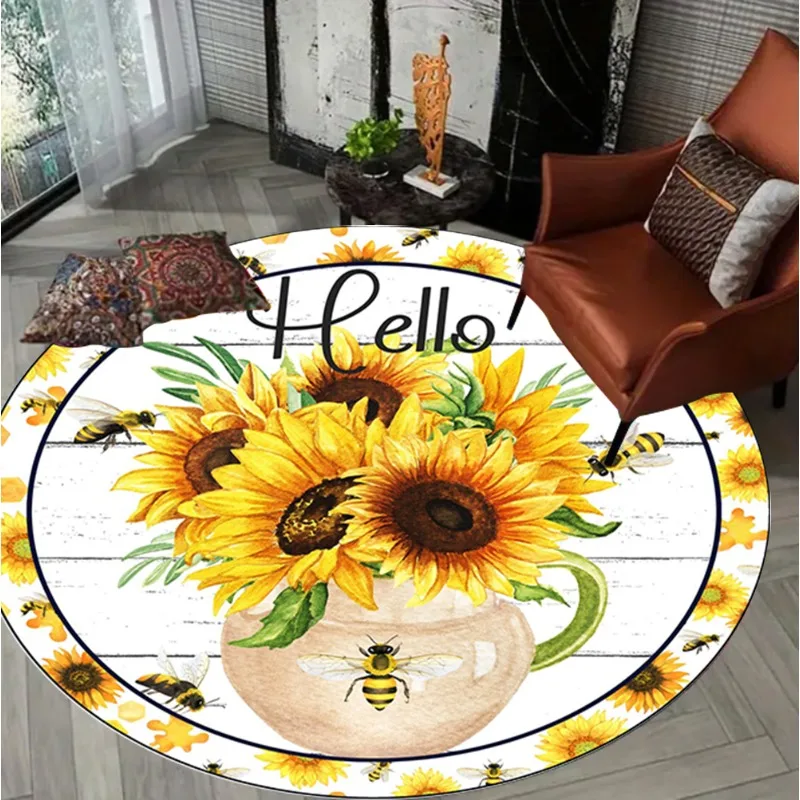 Hello Sunflower Round Rug - Vibrant Yellow Floral Bee Design with Vase Pattern Non-Slip Area Carpet for Home Decoration Fashion