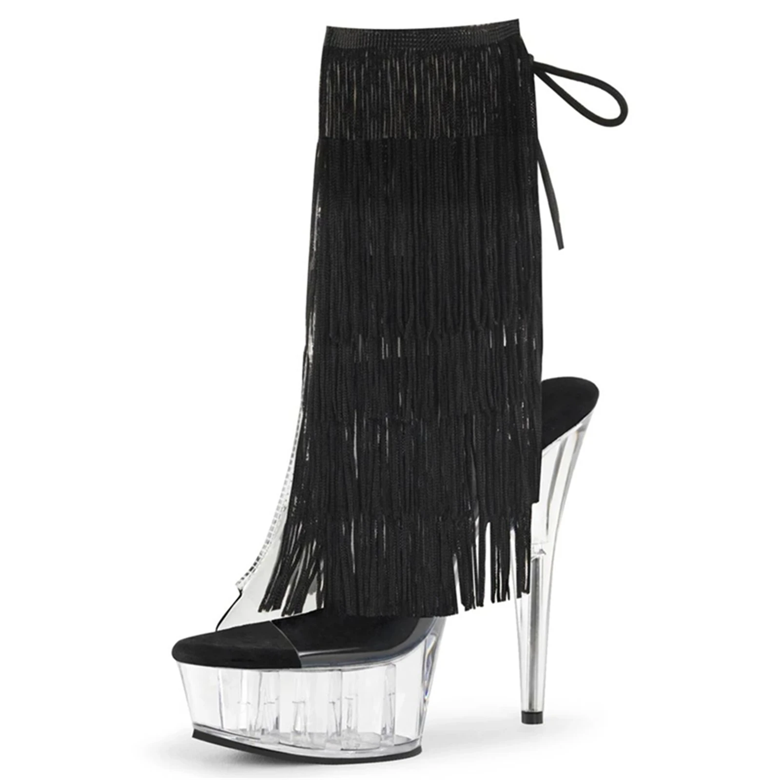 

Вечерние сапоги на платформе 15 см, черные замшевые ботинки с открытым носком и бахромой на массивном каблуке, вечерние туфли с декором из стразов