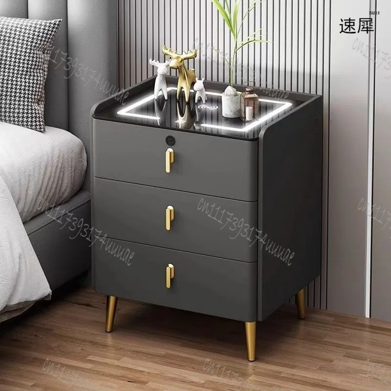 Solid Wood 3‑Drawer Nordic Intelligent Bedside Table, Faux Leather Bedroom Nightstand, Side End Storage Cabinet