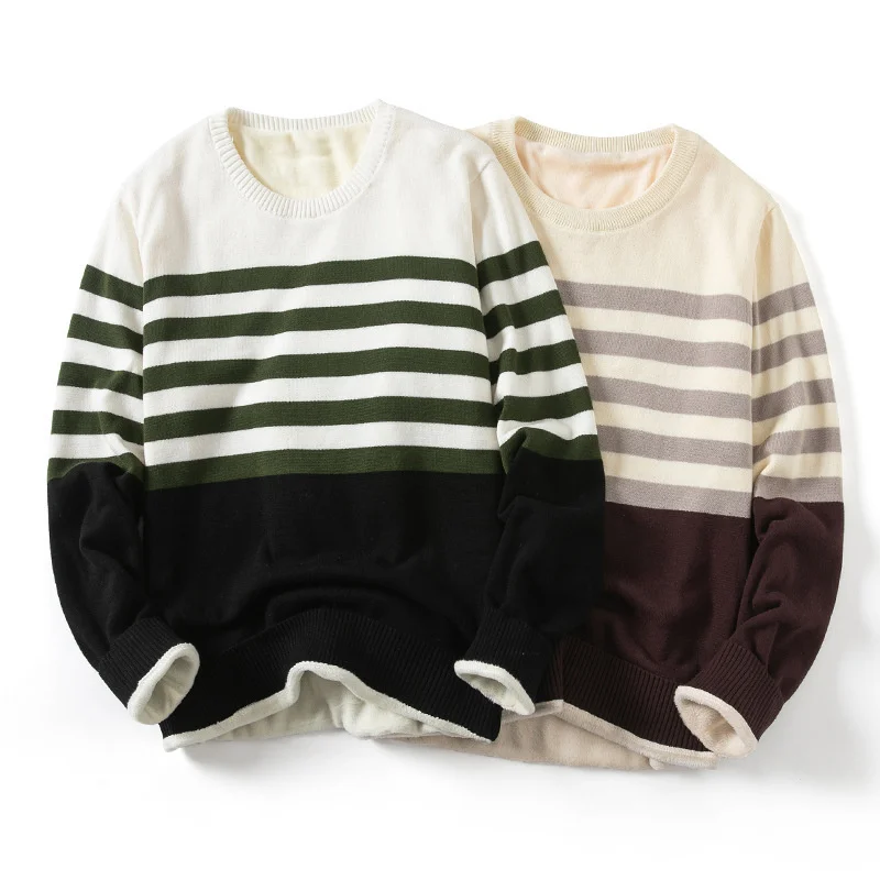2021 New White Long Sleeve Round Neck Casual Brand Pullover Winter Cotton Stripe Color Matching Plush Thick Sweater Men Fashion