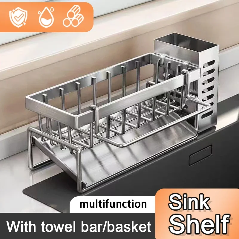 

Sink Cleaning Tools Storage Rack Kitchen Multifunctional Stainless Steel Drain Rack for Sponge Cleanser Organizer Rag Hanger